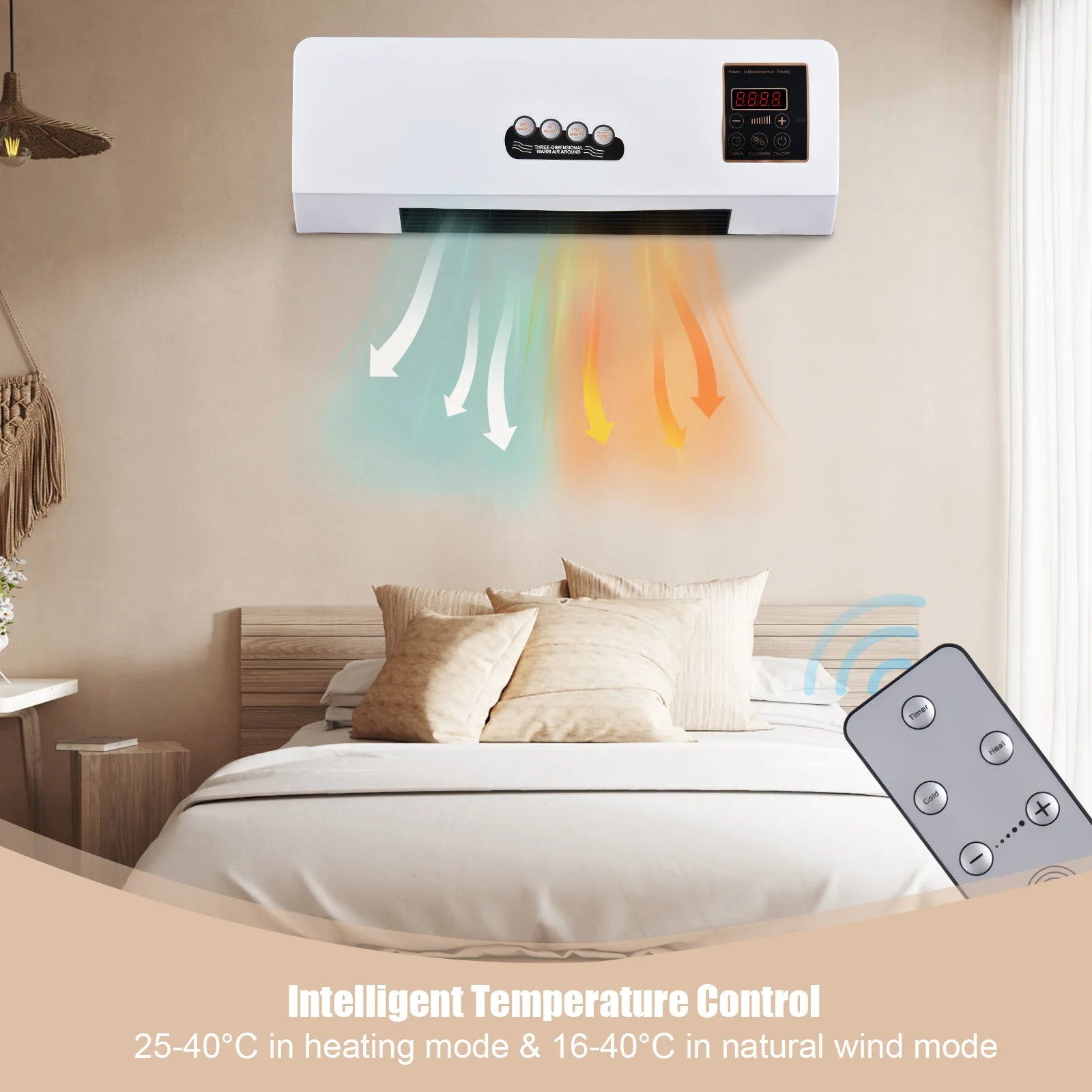 2-In-1 Air Conditioner Heater and Fan Combo Timing Wall Mounted Electric Fan and Space Heater Remote Control for Dormitory Home