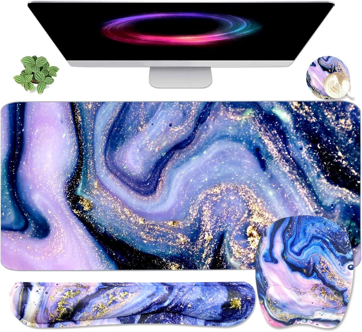 Keyboard Wrist Rest Large Mouse Pad Wrist Support for Computer, 4 in 1 Memory Foam Keyboard Pad Desk Mat Ergonomic Hand Rest Wrist Cushion for Home Office Gaming-Black