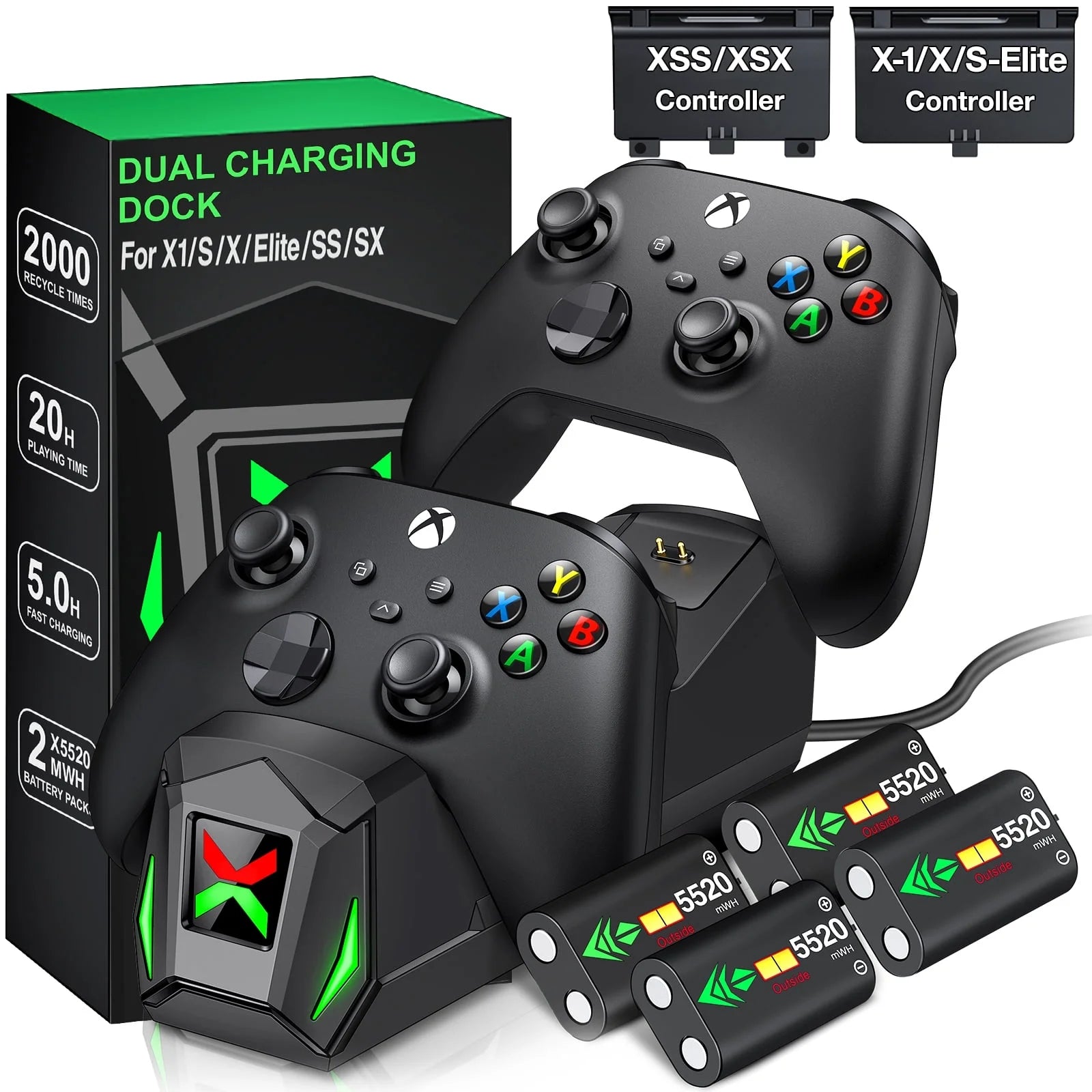 Xbox Controller Charger Station with 2*5520Mwh Rechargeable Battery Pack for Xbox Series X/ Series S/Xbox One,Black