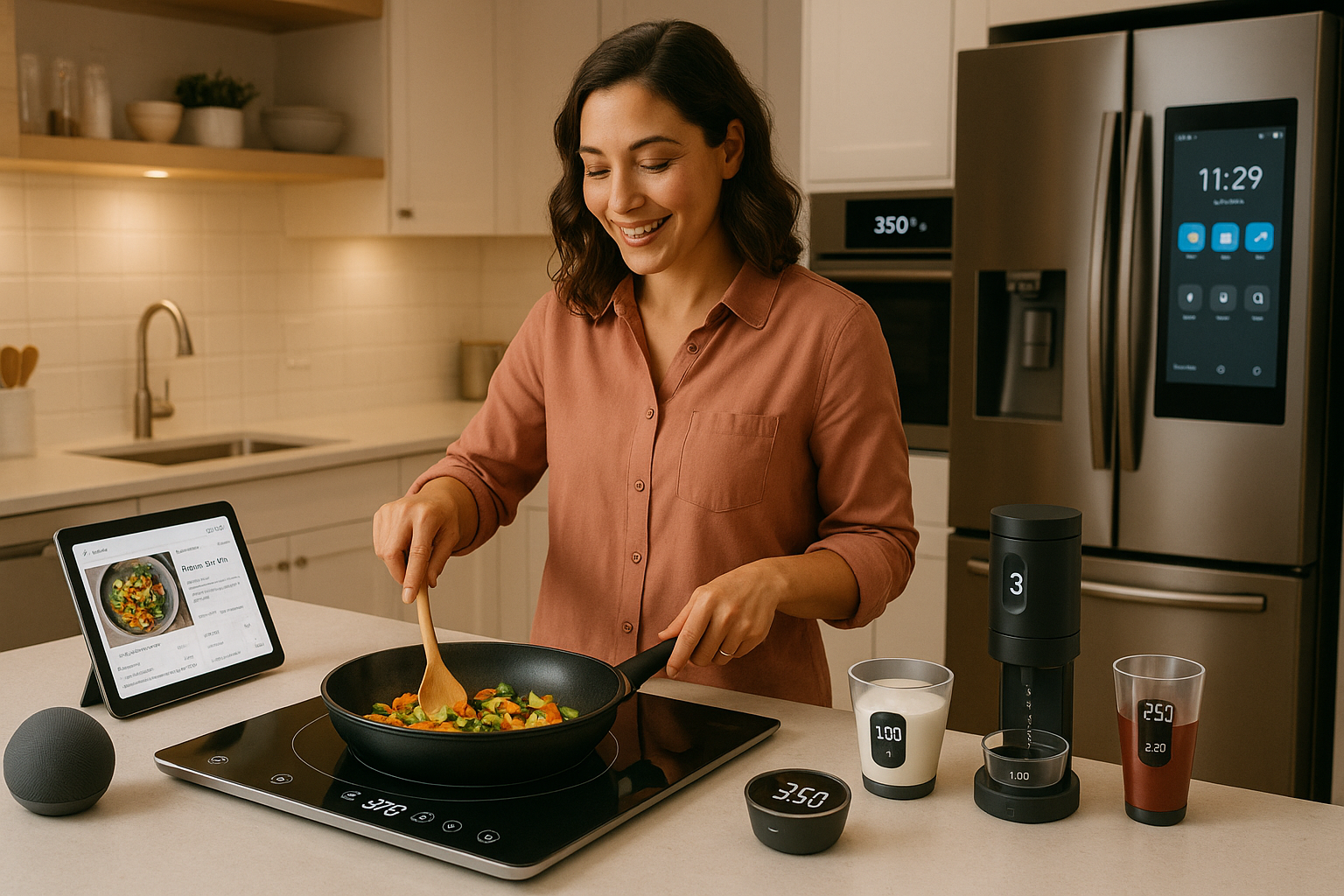 image of mom cooking with smart appliances and gadgets