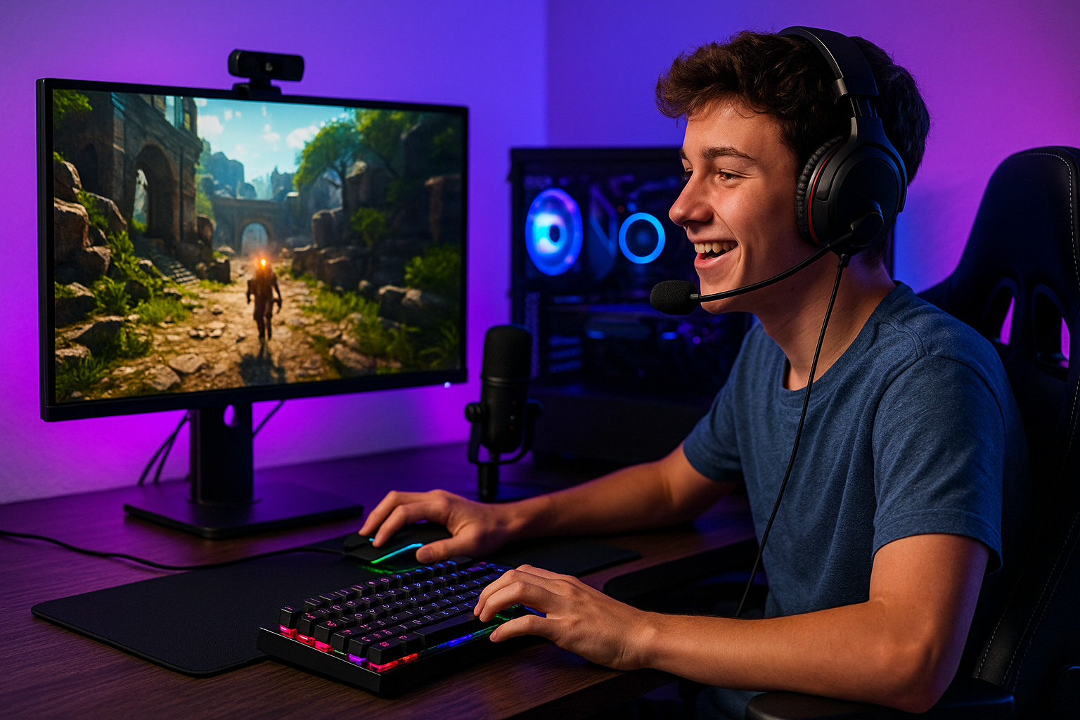 Teen enjoying computer accessories while pc gaming